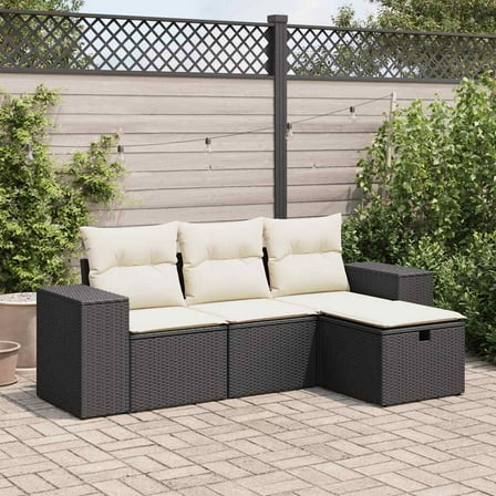 vidaXL Garden Sofa Set Black and Cream White PE Rattan, Powder-Coated Steel