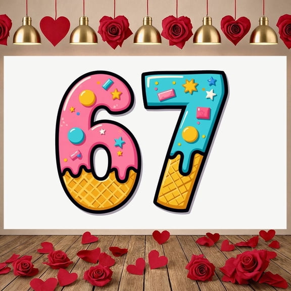 Candy Theme 67th Birthday Banner Colorful Stars Number 67 Display Dripping Frosting Sweet Decor Candy Theme Background for 67th Birthday Party Kids Celebration Photo Backdrop