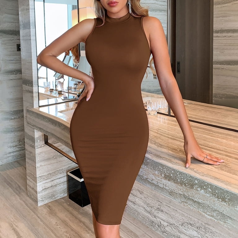 Cfhntfmh Summer Dresses for Women Mock Neck Sleeveless Slim Tank Dress Basic Bodycon Pencil Knee Length Dress, Women's, Size: Large