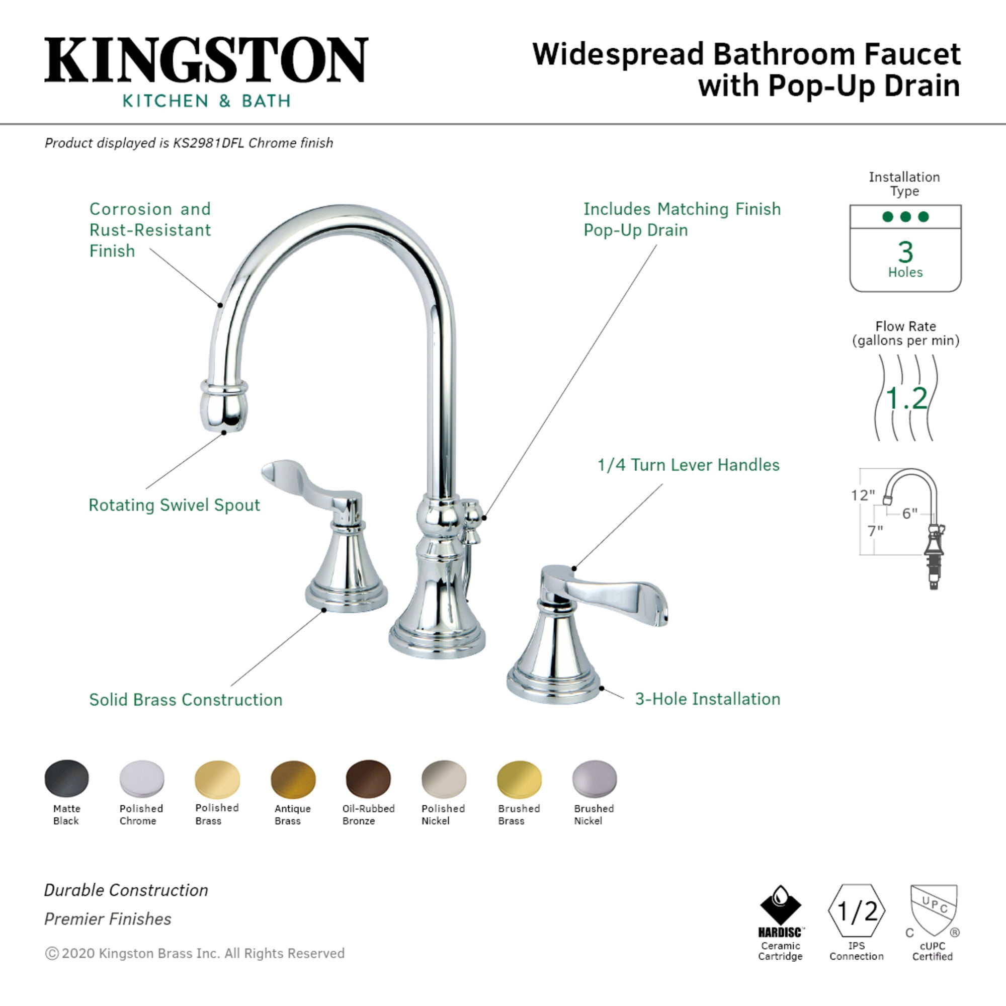 Kingston Brass KS2987DFL NuFrench Widespread Bathroom Faucet with Brass Pop-Up, Brushed Brass