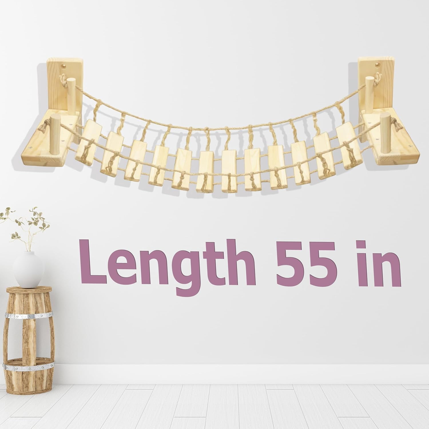 Wall Shelves Climbing Bridge for Indoor Cats, 55 Inch Wooden Perch with Sisal Rope, Space Saving Wall Mounted Furniture