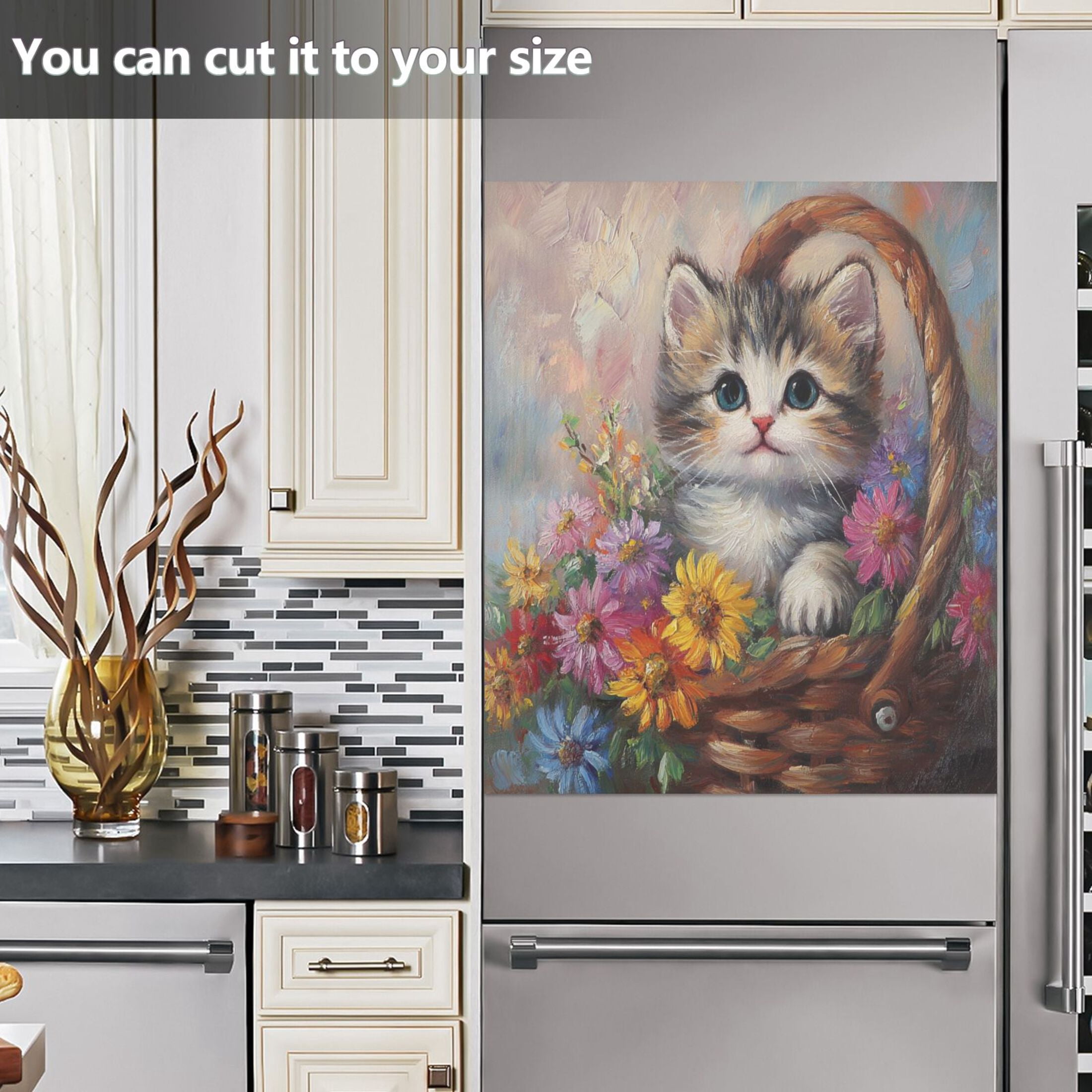 Dishwasher Magnetic Sticker 23x26 Inch Refrigerator Magnetic Sticker Washing Machine Magnetic Sticker Kitchen Panel Magnetic Sticker Home Decor Flower Basket Kitten