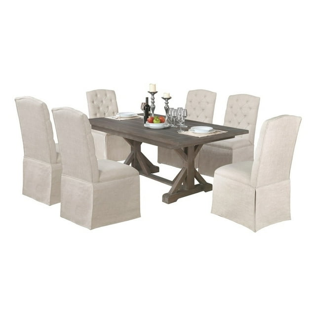 Rustic Gray Wood 7pc Dining Set with 6 Skirt Chairs in Beige Linen Fabric
