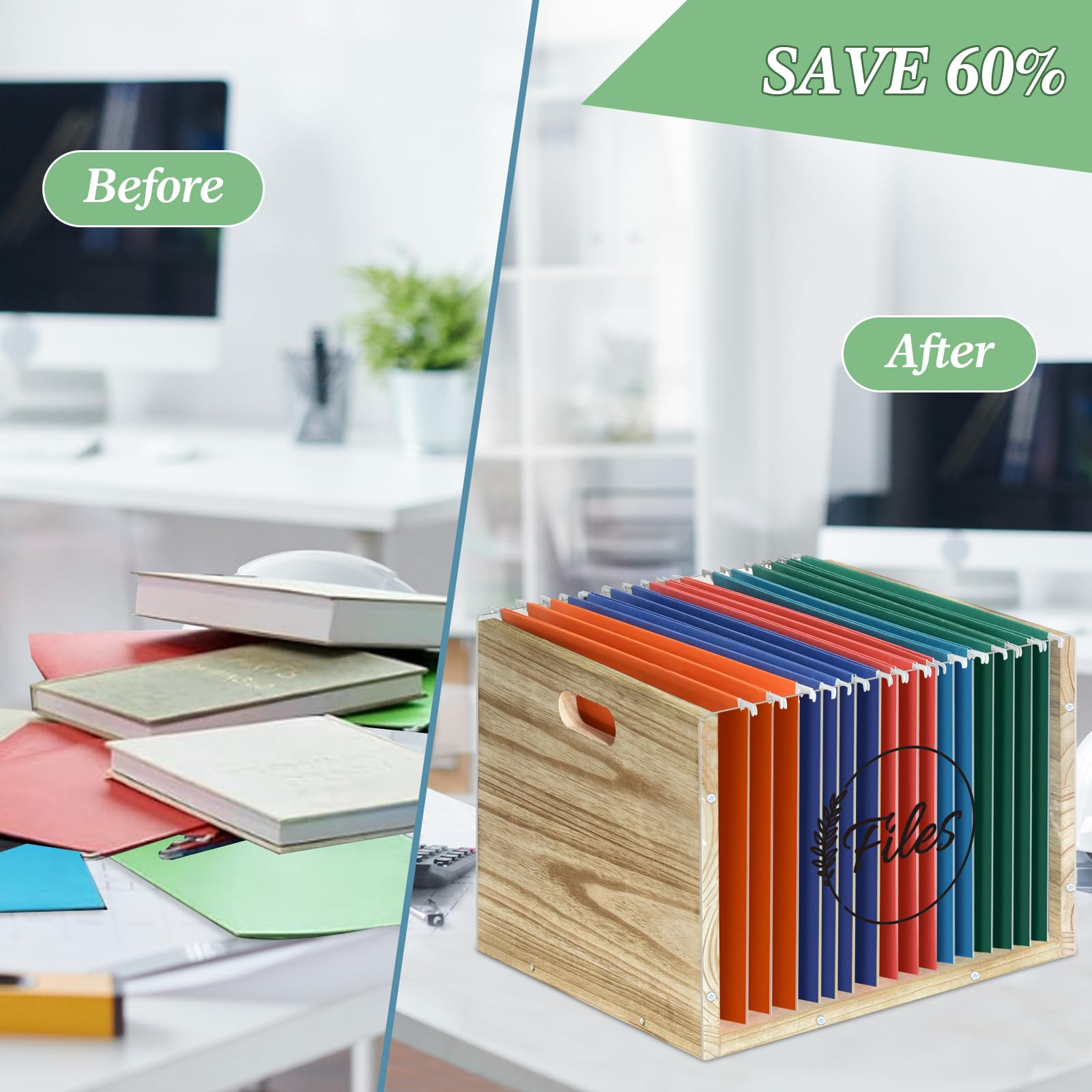 Clear Acrylic File Box Organizer, Wood Hanging Folder Storage Boxes, Filing Crate Bin Holder with Handle for Home Office Desk, Letter Size