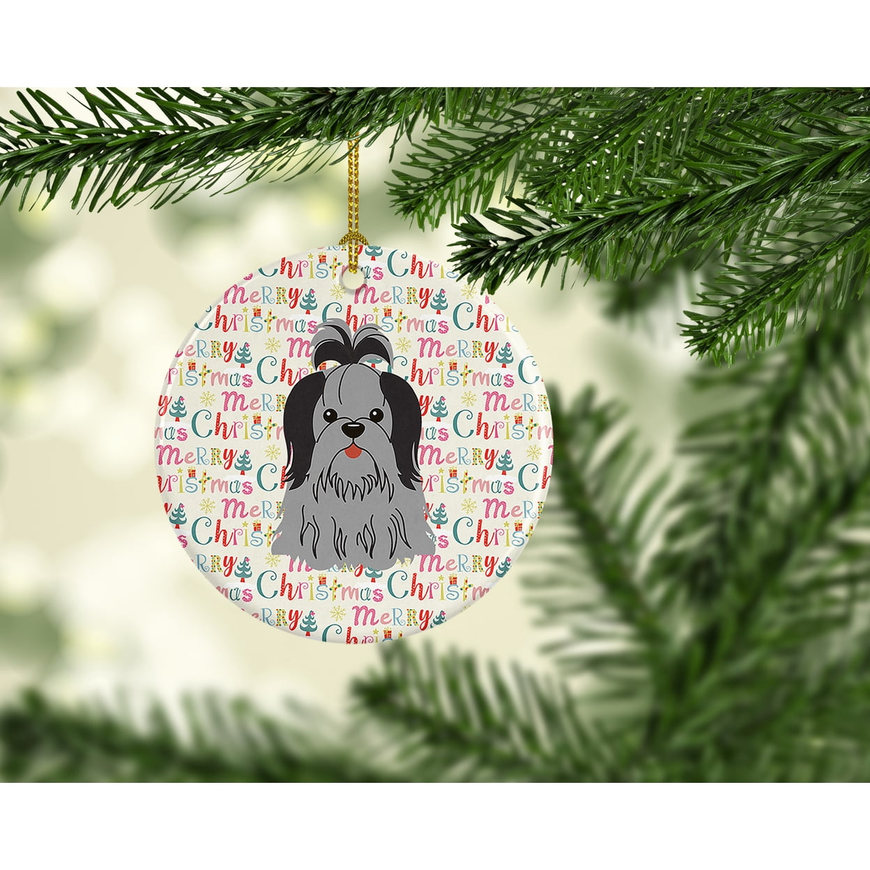 Merry Christmas Shih Tzu Black Silver Ceramic Ornament 2.8 in x 2.8 in