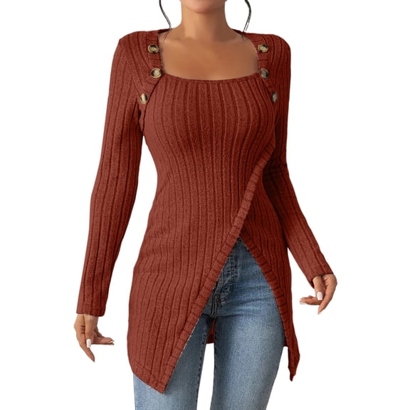 HXWCHs Women's Lightweight Asymmetrical Button Down Tunic top Long Sleeve Casual Fall Shirt Fit Brown XL