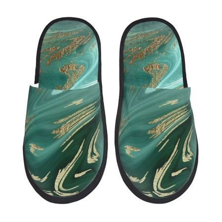 Balery Green And Gold Marble Slient Indoor Furry Fleece Comfort House Shoes Soft Non-Slip Home Shoes Cotton slippers House Slippers-- Medium