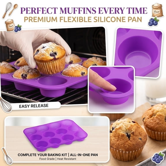 Silicone Muffin Pan Purple 12-Cup Non-Stick Silicone Baking Mold for Oven Baking Cupcake Muffin Brownie and Homemade Snacks Reusable Food-Grade Baking Tray