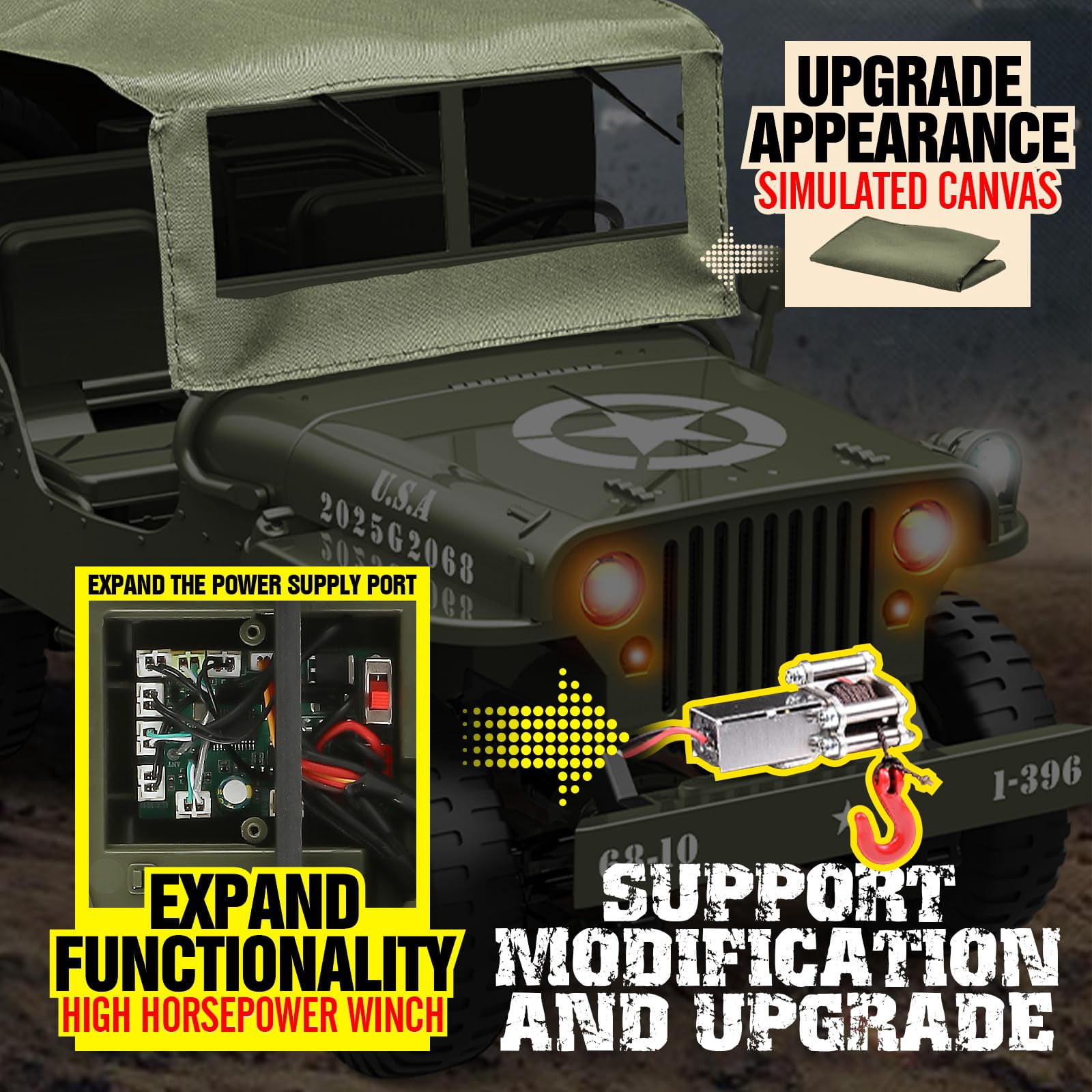 C8815 Remote Control Truck Off Road - 4x4 1/10 Scale Willys Army Rock Crawler RC Truck with Winch&Car Cover, All Terrain Offroad RC Car