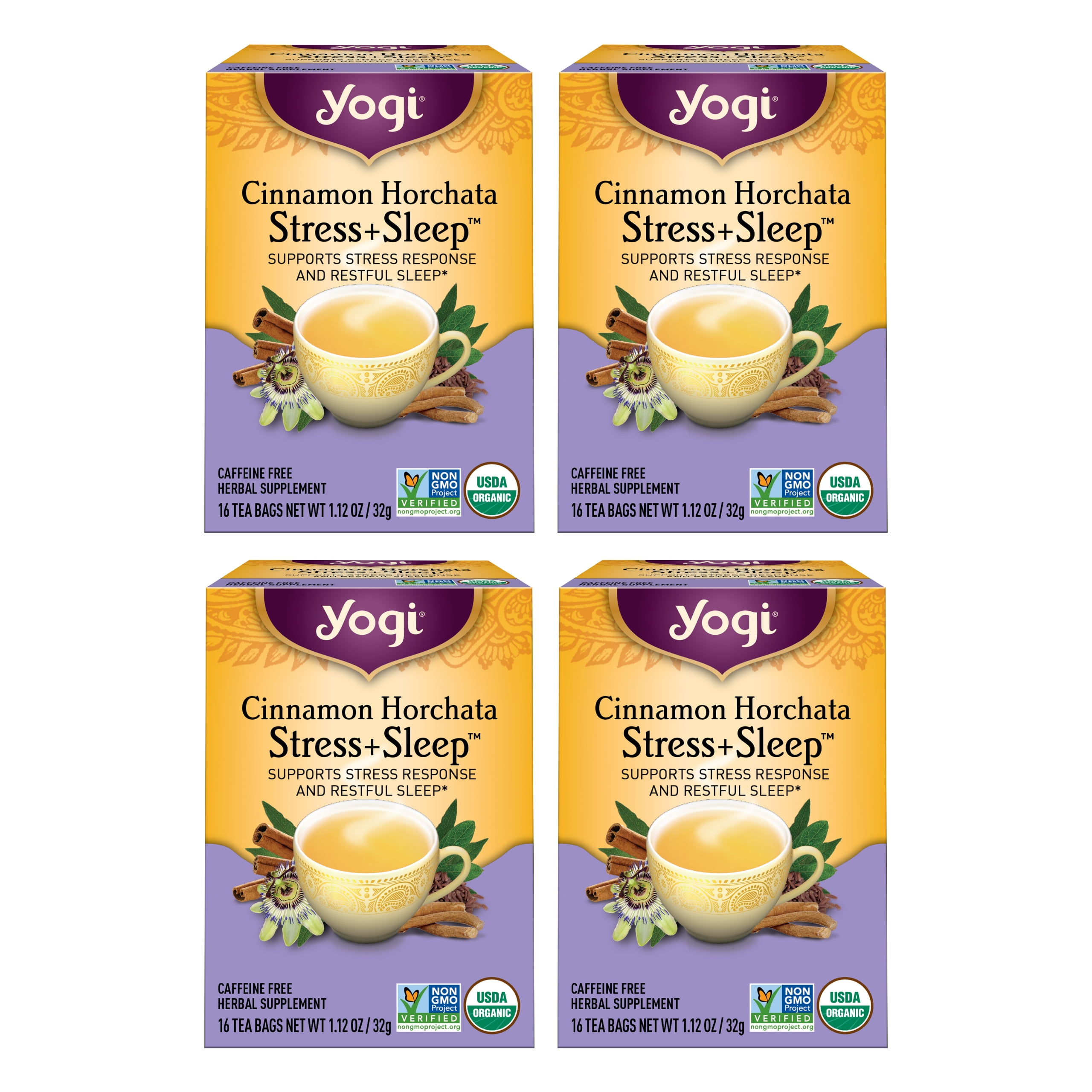 Yogi - Cinnamon Horchata Stress + Sleep - Herbal Tea - Wellness Tea Bags - 4 Boxes of 16