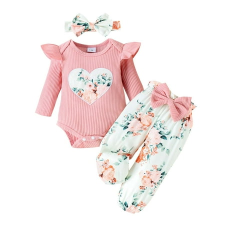

Toddler Girls Outfits Holiday Outfits Autumn And Winter Kid Sets Cover Strip Long Baby Sleeve Love Printed Long Pants Headband Fall Girls Clothings 6 Months-12 Months