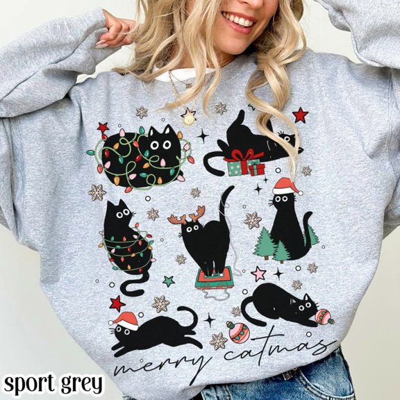 Christmas Cat Sweatshirt Catmas Meow Christmas Tree Light Its Fine Holiday Sweater Funny Kitty Black Cat Xmas Crewneck Festive Kitten Gift