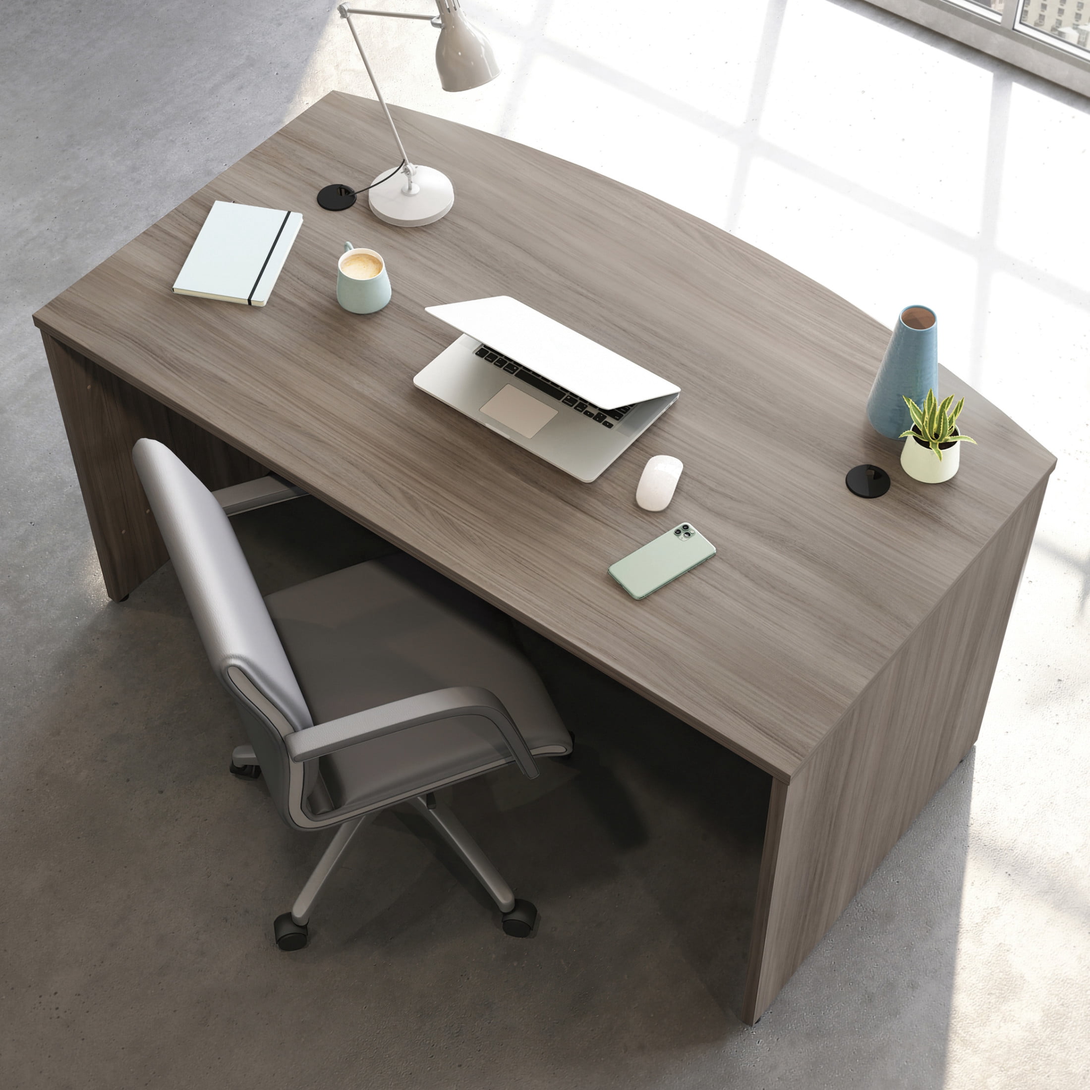 Sauder Affirm Engineered Wood Bowfront Executive Desk in Hudson Elm/Brown