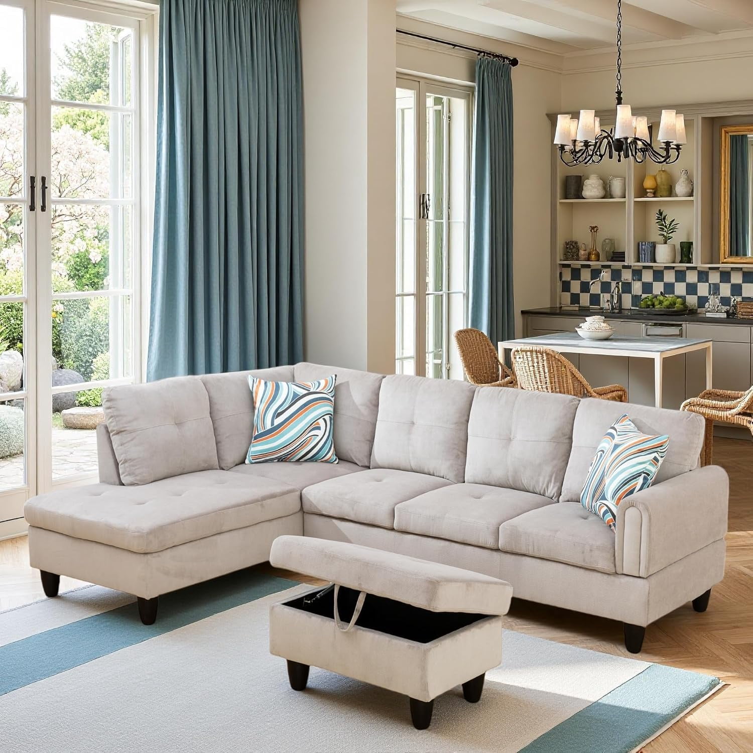 3-Piece Living Room Sofa Set with Chaise and Storage Ottoman, 6 Seater L Shaped Couch Sectional Couches Modular Convertible Sofa, Grey White