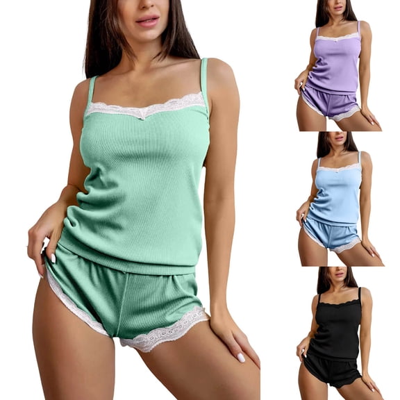 Pj Sets for Woman Womens Pajamas Set 100% Cotton Soft Ladies' Summer Lace Camisole Pajamas Shorts Two-Piece Set Casual Home Wear Blue M