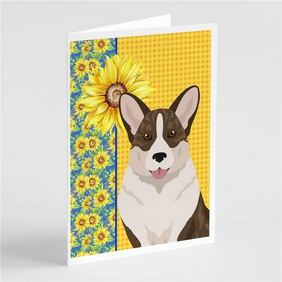 Summer Sunflowers Brindle Cardigan Corgi Greeting Cards and Envelopes Pack of 8 7 in x 5 in