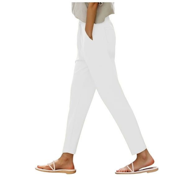 UngA Womens Casual Pants Women Cotton Linen Casual Summer Straight Wide Leg Loose Drawstring Elastic Waist Cropped Trouser White,XL