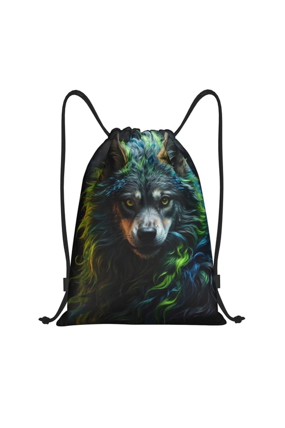 Drawstring Backpack - Realistic Style Colorful Wolf A Splash Proof Small Drawstring Gym Bag for Women Men, Cinch Sports String Bag Backpack for Travel Swimming Beach
