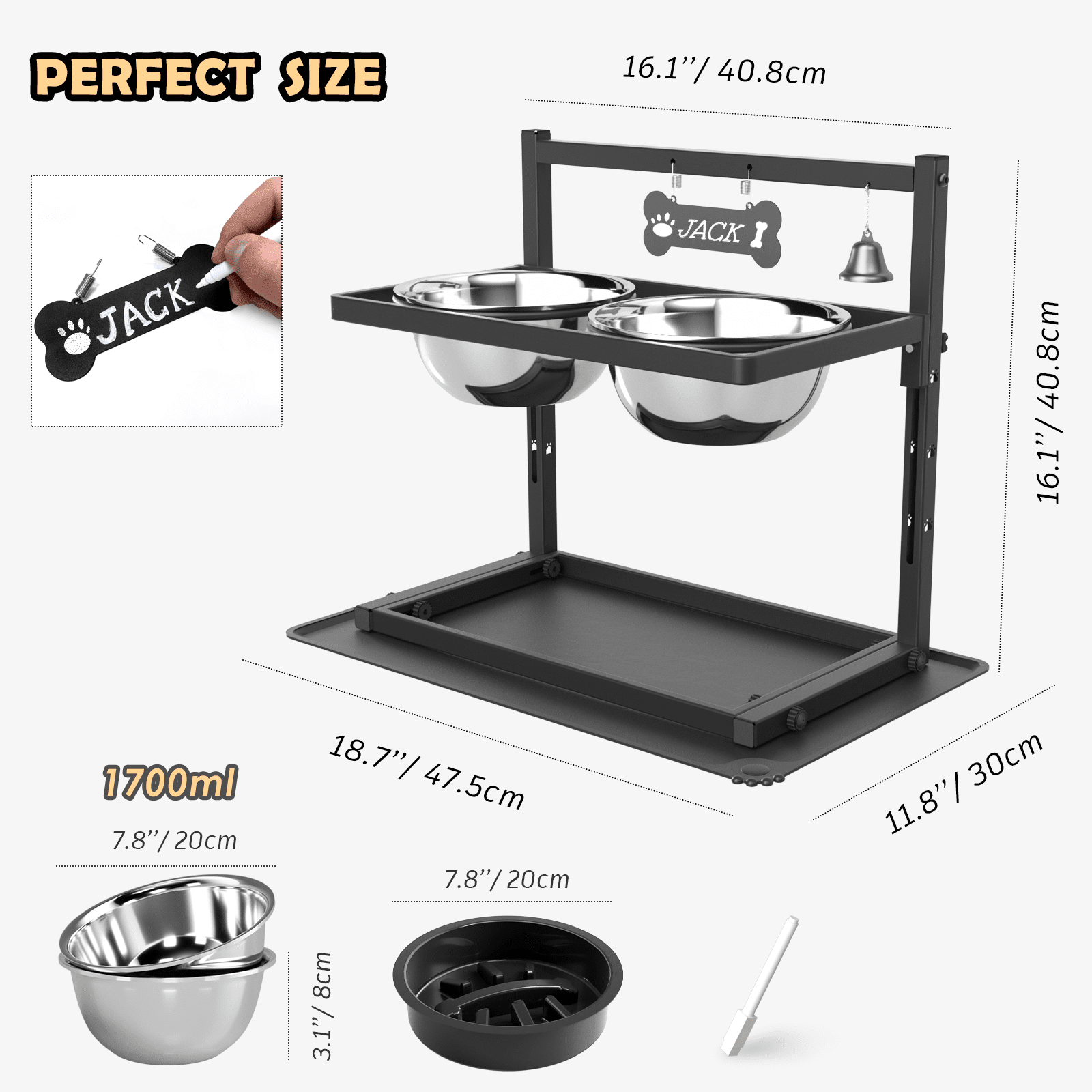 Adjustable Height Elevated Dog Bowls with Slow Feeder and two 1.7l (60oz) stainless steel bowls for Large Medium Dogs
