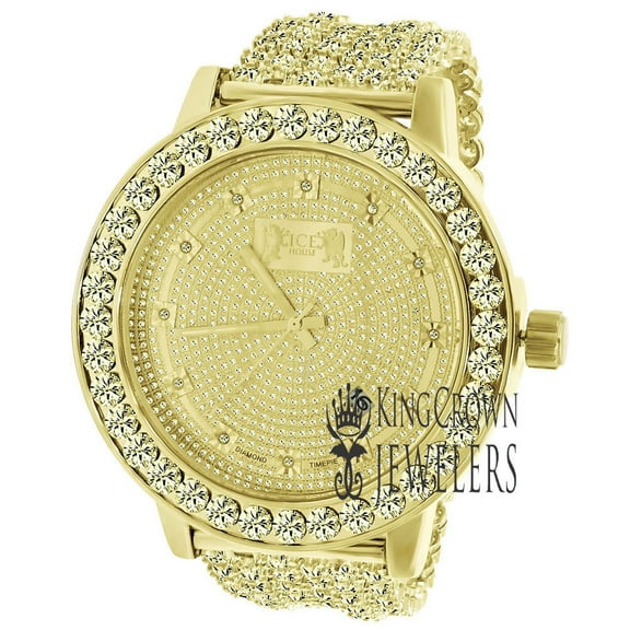 Analog Solitaire Bezel Real Diamond Dial Gold Canarey Tone Iced Out Custom Band Mens Luxury Solid Steel Back Watch W/Date