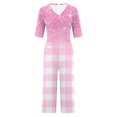 thumbnail image 5 of Baggy Jumpsuits For Women Summer Short Sleeve Overalls V Neck Loose Wide Leg Floral One Piece Rompers With Pockets Pink M, 5 of 6