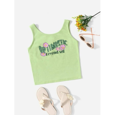 

Tees T Shirtn Girls Slogan Floral Print Rib Knit Tank Tops T Shirt S221904X Mint Green 8-9Y(53IN)