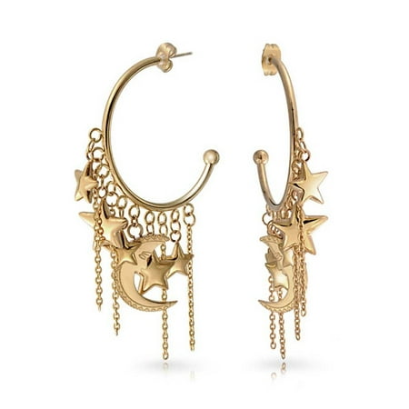Large Gold Hoop Celestial Moon Stars Dangling Charm Crescent Shaped Large Hoop Stud Earrings For Women Rose Gold Plate Stainless Steel ()
