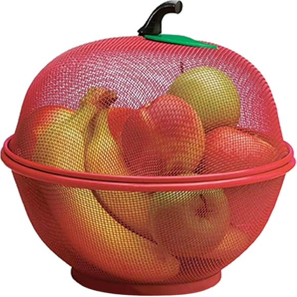 Fruit Bowl Basket Red Apple Shape Mesh with Lid Space Saving Vegetable Storage Holder Drain Basket