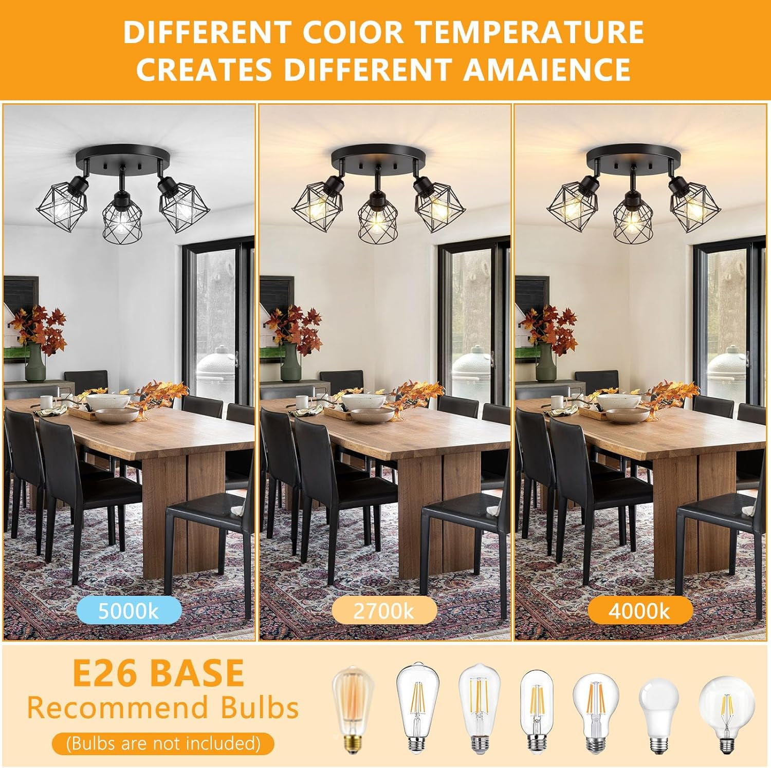 Kitchen Light Fixtures Ceiling Mount, Black Ceiling Light Fixtures 3-Light Adjustable Semi Flush Mount Ceiling Light, Multi-Directional Ceiling Lights for Kitchen Hallway Dining Room(E26 Base)