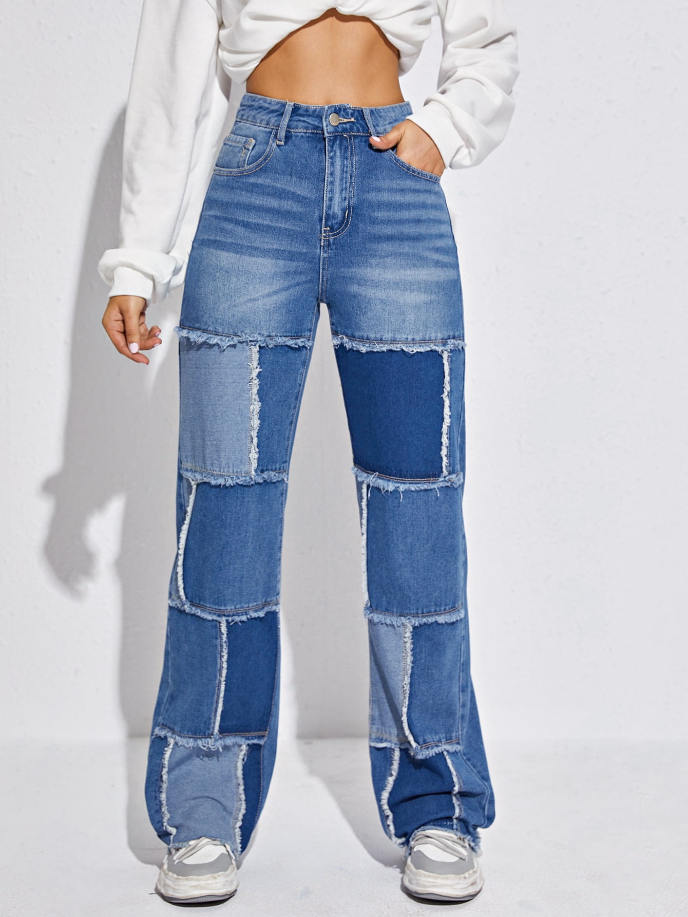 High Waist Raw Hem Spliced Jeans 