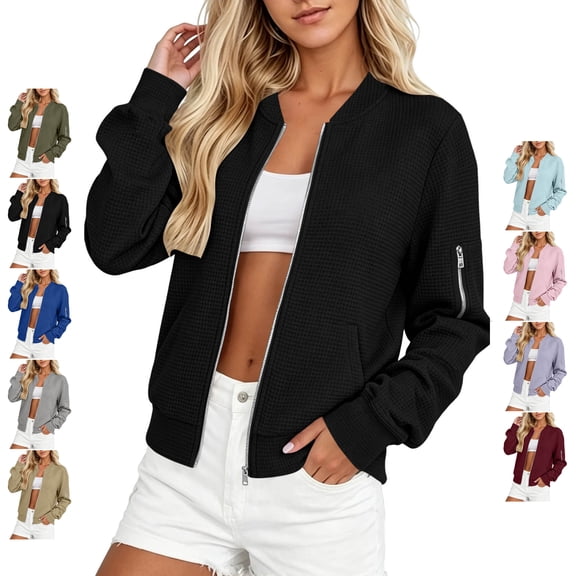 TGSLY Women's Waffle Bomber Jacket Lightweight Soft Zip Up Solid Color Cardigan Coat Fall Casual Long Sleeve Cropped Outerwear with Pocket S