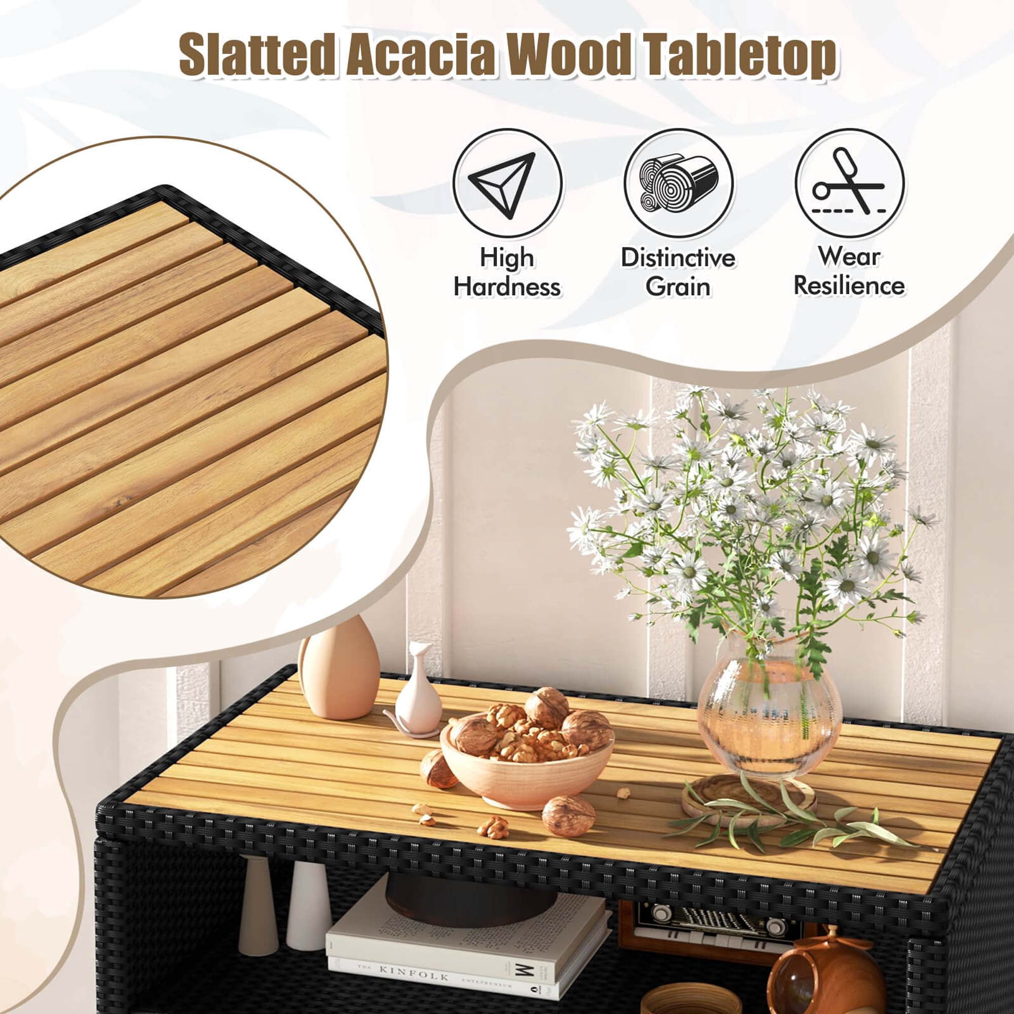 Costway Patio Rattan Storage Cabinet with Acacia Wood Countertop Open Shelf 2 Door Cabinet Black
