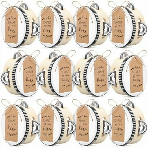 24 Sets 4 Inch Wedding Tambourines Bulk for Adults Wooden Hand Held Drum Metal Jingles with Tags Rope Percussion Gift Musical Instrument for Church Wedding Party Favor$$Music