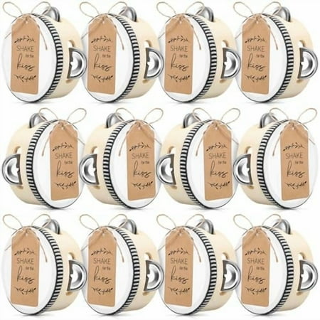 24 Sets 4 Inch Wedding Tambourines Bulk for Adults Wooden Hand Held Drum Metal Jingles with Tags Rope Percussion Gift Musical Instrument for Church Wedding Party Favor$$Music