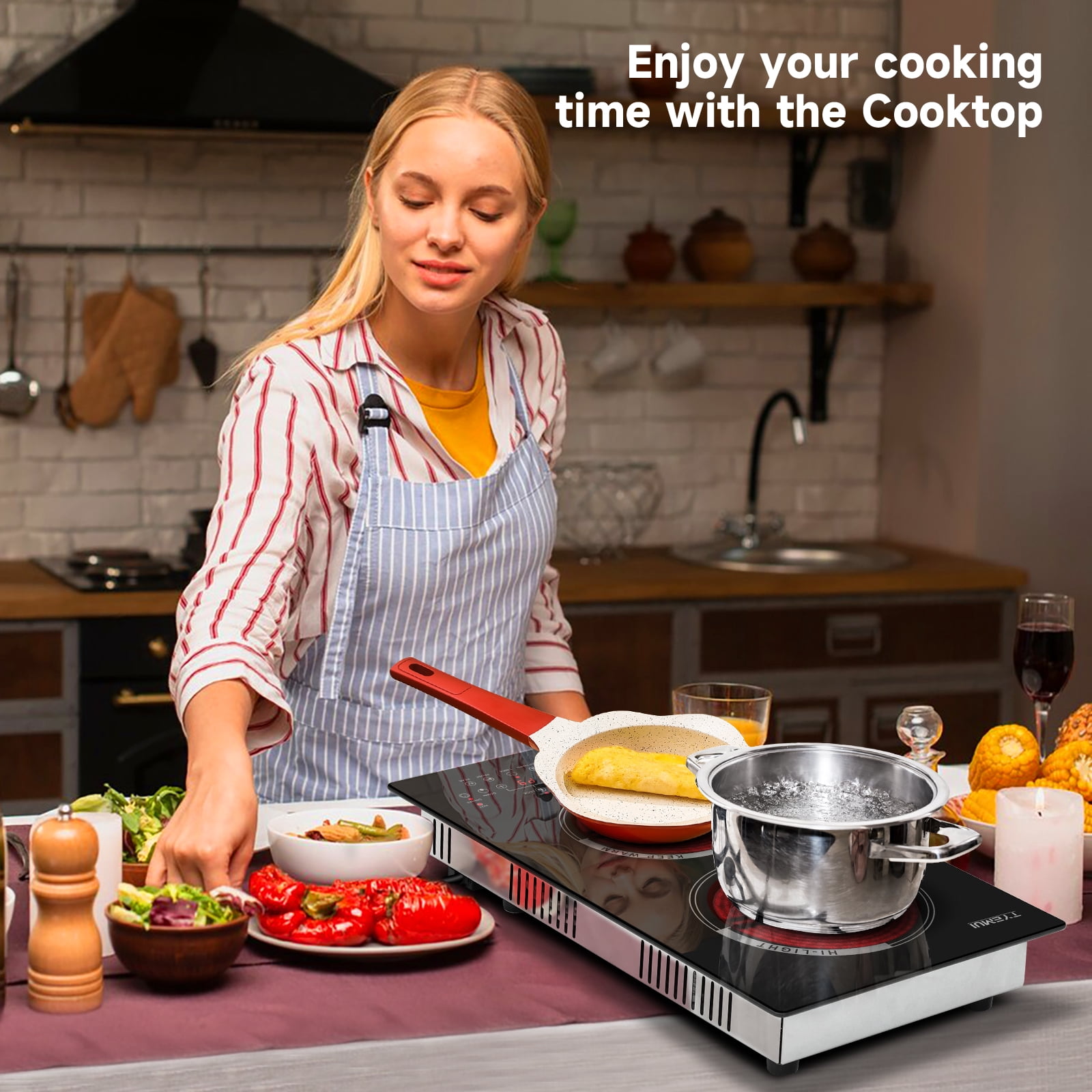 TYEMUI 12 inch Electric Cooktop, 2 Burners Ceramic Stove Top with Plug, Timer, Booster, Keep Warm, Child Lock, Pause,Kitchen Hot Plates With Two Burners