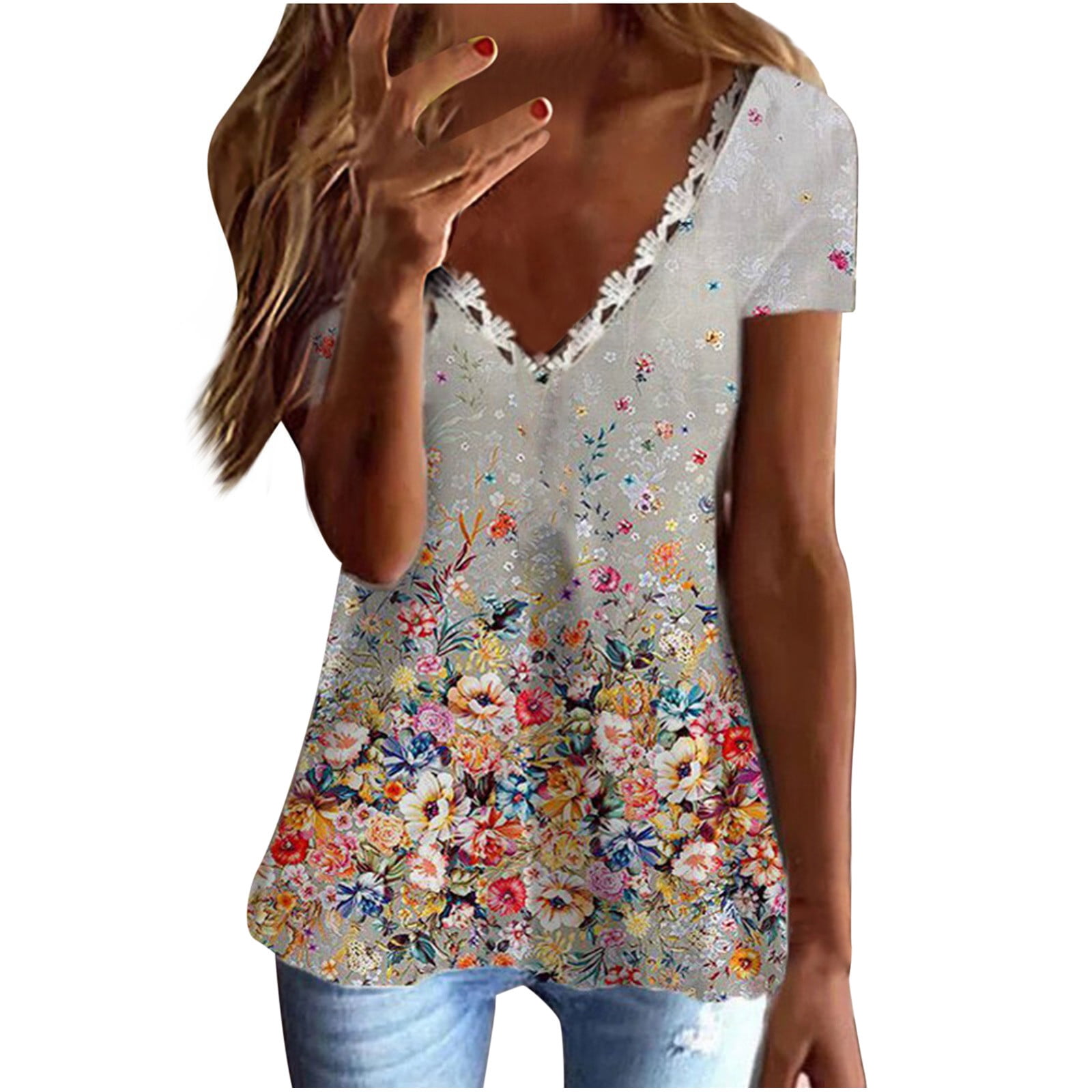 Womens Summer Casual Short Sleeve Shirt Tops Blouse Lace Floral Cotton Tops 