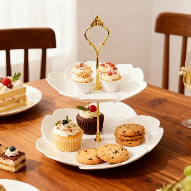 Marco De Plástico Bandeja decorativa de 2 niveles para cupcakes, 25 x 25 x 22,5 cm, torre de postres para fiestas, bodas y decoración de mesas, blanca, 1 unidad Rkxzt