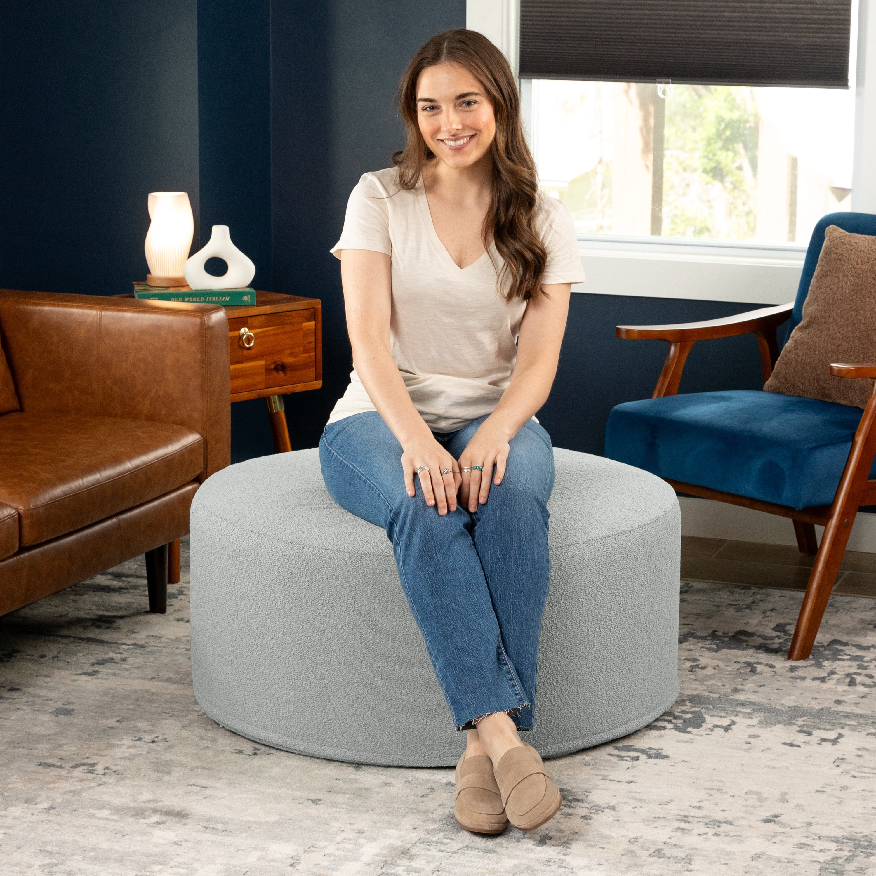 Jaxx Candler Round Coffee Table Ottoman, Large, 36-Inch, Boucle Silver