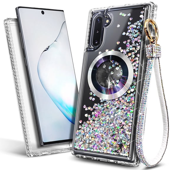 NageBee Magnetic Case for Samsung Galaxy Note 10 | MagSafe Compatible | Wrist Strap Lanyard | Glitter Floating Liquid Cover (Clear Gem)
