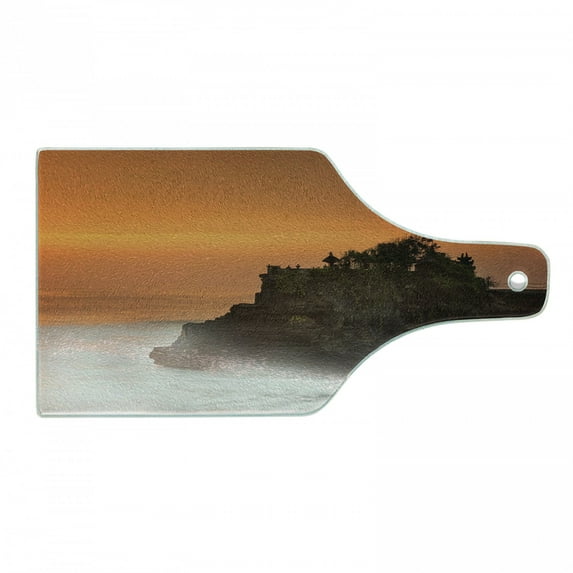 Balinese Cutting Board, Building Pura Tanah Lot Bali Indonesia Romantic Sunset Exotic Holidays, Decorative Tempered Glass Cutting and Serving Board, Wine Bottle Shape, Orange Brown, by Ambesonne