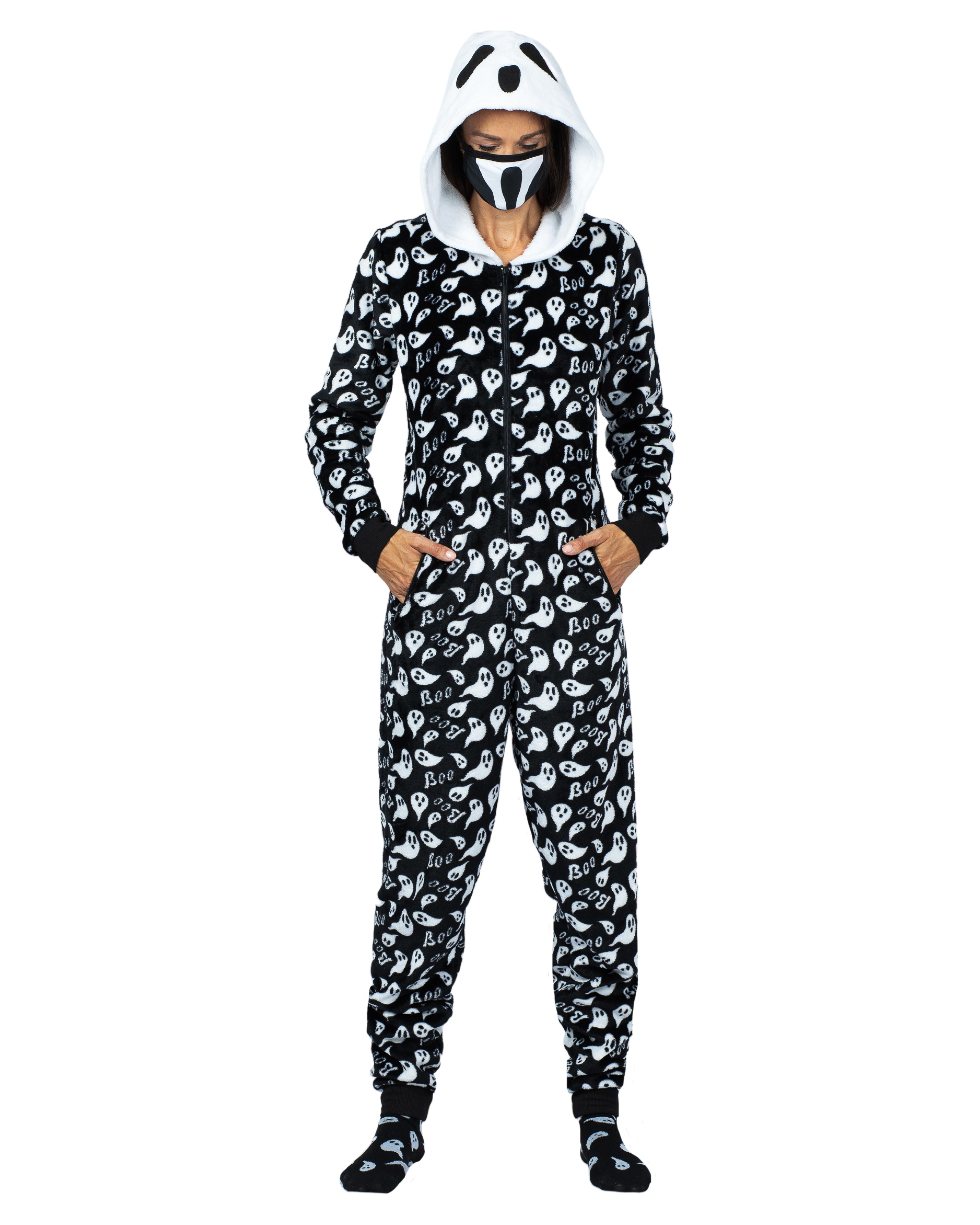Holiday Matching Couples Costume Pajama Onesie With Socks and Mask, Ghost, Devil, and Skeleton, Black Ghost (Women), Size: L