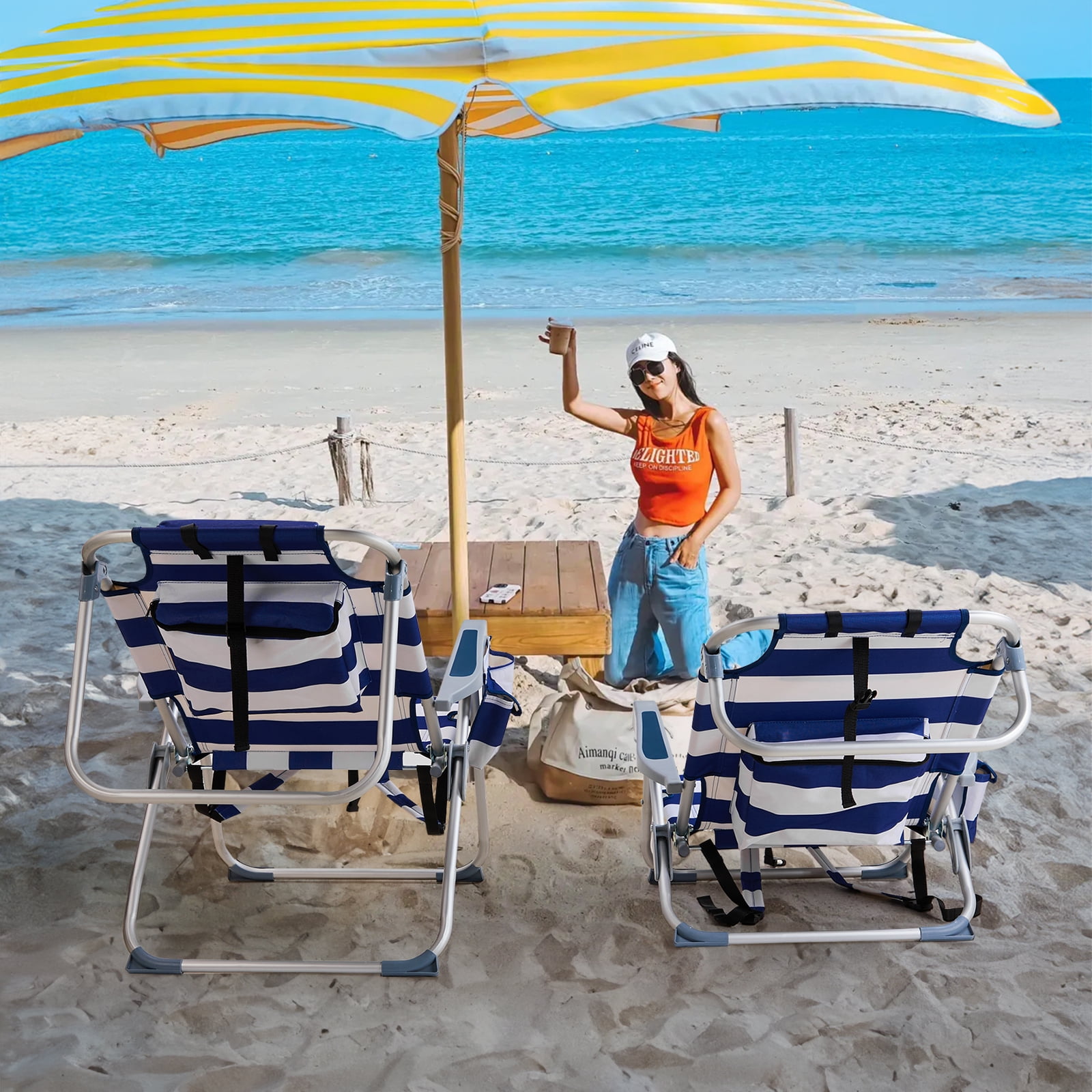 Beach Chair, Heightened Oxford Cloth Silver White Aluminum Tube Bearing Blue Stripes 63*70*99cm