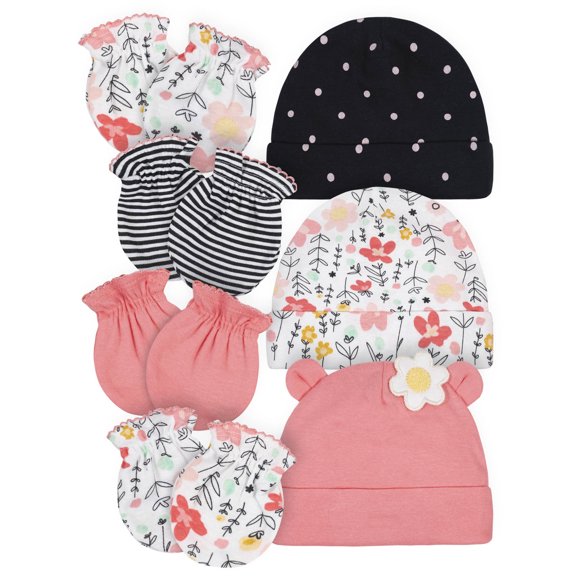 Gerber Baby Girl Caps & No Scratch Mittens Bundle, 7-Piece, Newborn-0/3 Months