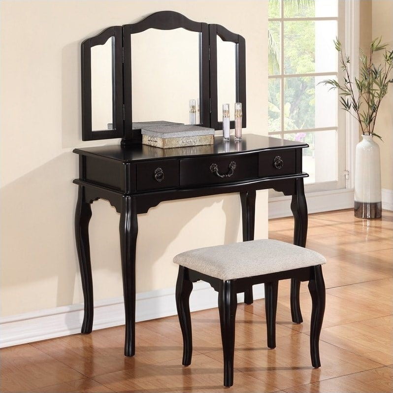 Poundex Bobkona Susana Mirror Vanity Table With Stool Set In Black