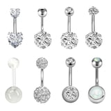 5pc 14G Belly Button Ring Set – Solid 316L Steel Curved Banana Bar – 3/8" Silver