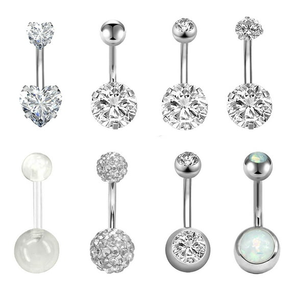 ZS Belly Button Rings, Opal, 14G, Banana Barbell Style, 8pcs Included, Surgical Stainless Steel