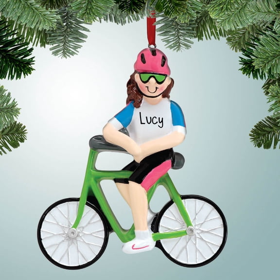 Personalized Posing Female on Bicycle - Brown Hair Christmas Ornament - Learning to ride a bike - Riding - Cycling - Great Gift Ideas