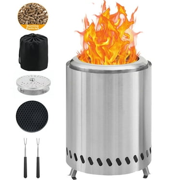 HOOFUN Table Top Firepit 7 Inch,Stainless Steel Smokeless- Portable Camping Stove with Wind Shield, Fireproof Mat & BBQ Forks for Outdoor Patio, Backyard, Emergency Use