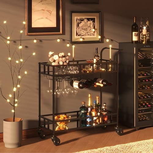 Bar Cart, Serving Cart for Home, Microwave Cart, Drink Cart, Mobile Kitchen Shelf with Wine Rack and Glass Holder, Rolling Beverage Cart