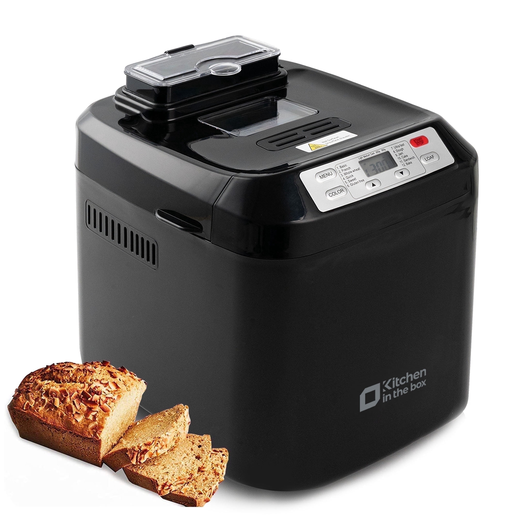 Kitchen in the Box 2lb Bread Maker with Auto Fruit Nut Dispenser, 12-in-1 Gluten-Free Bread Machine, 13H Delay Timer, Nonstick Pan, Keep Warm, Black